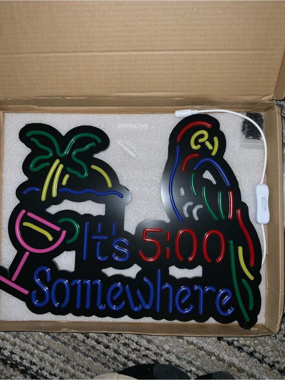 "It's 5:00 Somewhere" Neon Parrot Wall Sign - Multicolor